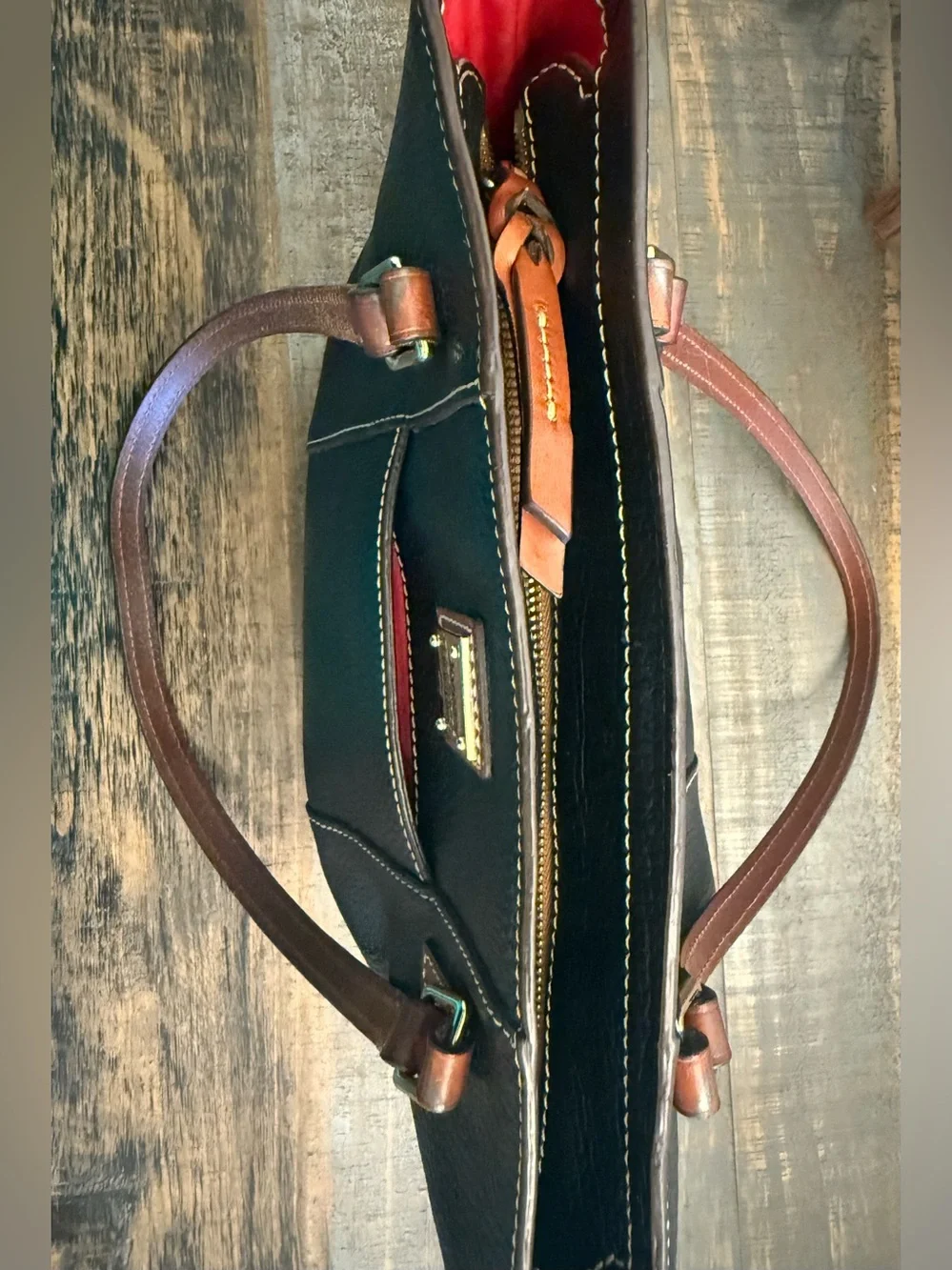Dooney & Bourke Black Lexington Leather Tote with Brown Straps
